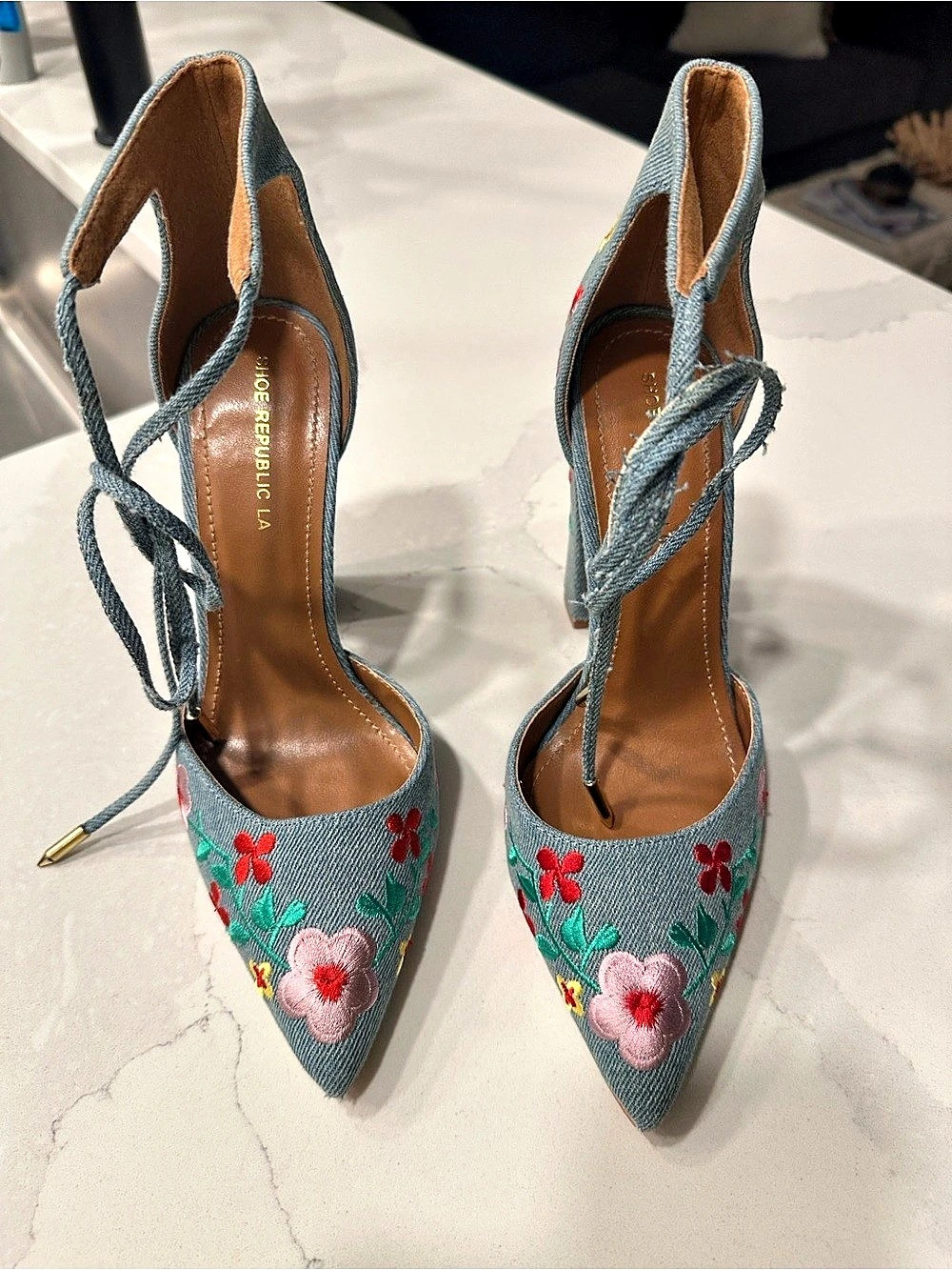 Shoe republic L.A Denim Floral Embroidered Pointed-Toe Heels